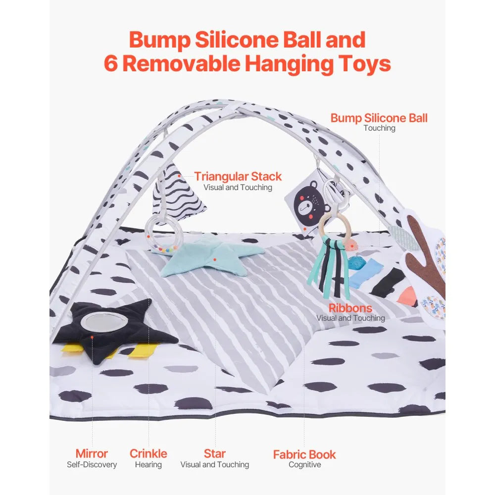 PM1-4 Baby Play Gym Mat with 6 Sensory Toys & 2 Touch Balls, Soft Tummy Time Activity Mat for Newborns (0–18 Months)