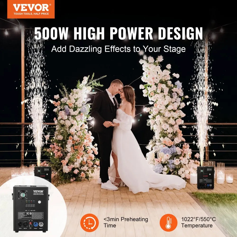 BJY-PHJ500u1 500W Cold Spark Machine with DMX Control, Adjustable 6.6-13 ft Spark Height, Portable for Weddings, DJs & Events