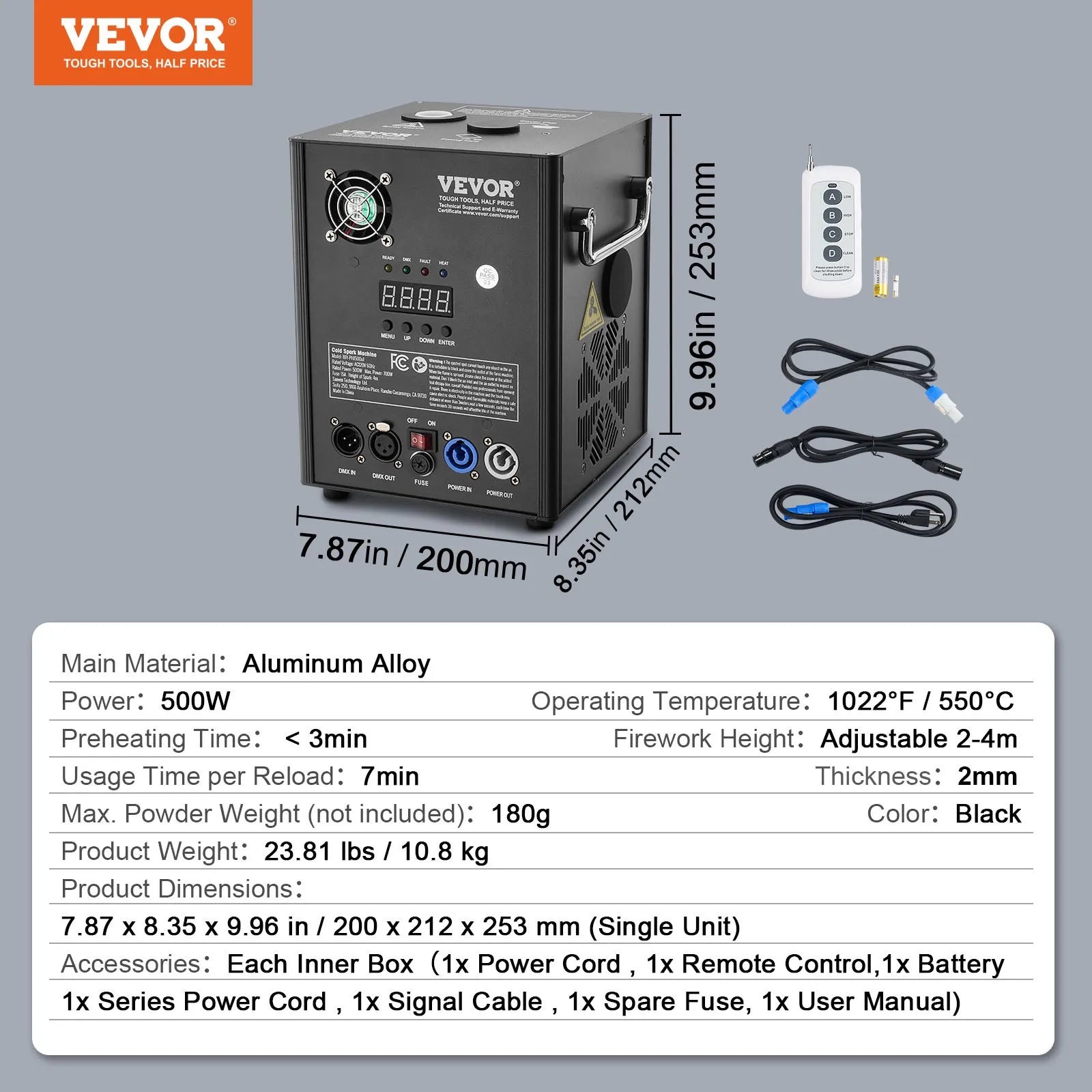 BJY-PHJ500u1 2-Pack 500W Cold Spark Machine Kit with DMX Control, Adjustable 6.6-13ft Height, LED Display for DJ Wedding Party Stage Events