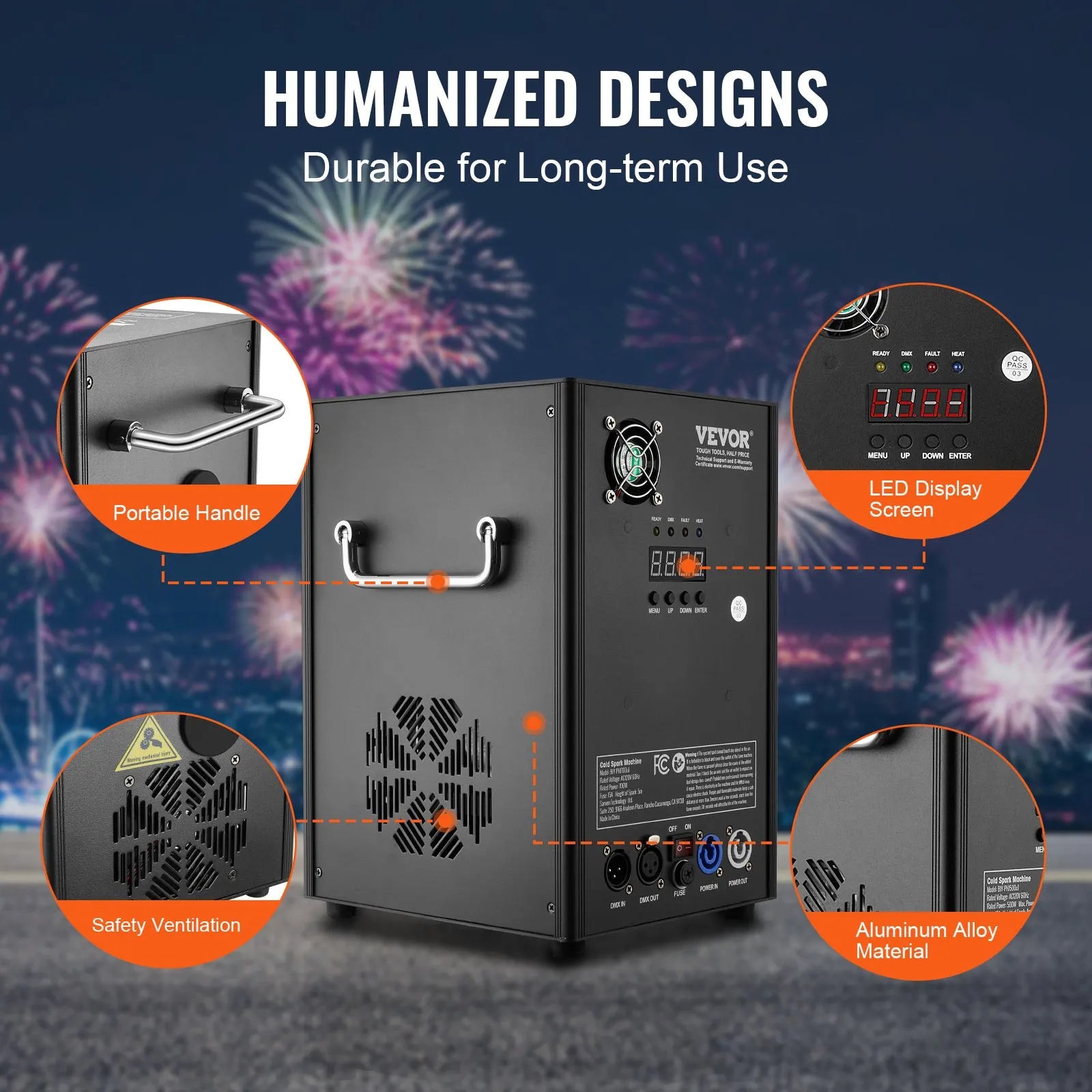 BJY-PHJ700u1 700W Cold Spark Machine with DMX Control, Adjustable 6.6-16.4 ft Spark Height, Portable Stage Fireworks Effect for DJ, Weddings & Events