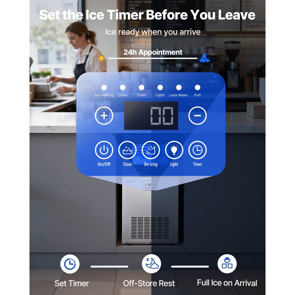 CIM-360T Commercial Ice Maker Machine 100 lbs/24H, 30 lbs Storage, Built-In or Freestanding Stainless Steel Ice Machine with Self-Cleaning & LED Display