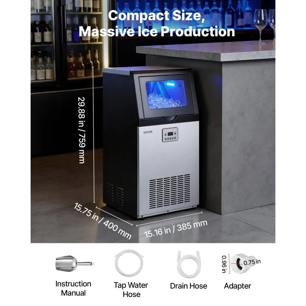 CIM-360T Commercial Ice Maker Machine 100 lbs/24H, 30 lbs Storage, Built-In or Freestanding Stainless Steel Ice Machine with Self-Cleaning & LED Display