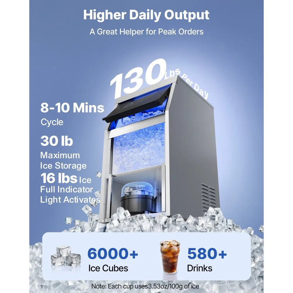 SSX100 Commercial Ice Maker Machine 130 lbs/24H with 30 lbs Storage, Built-In/Freestanding Stainless Steel Ice Machine
