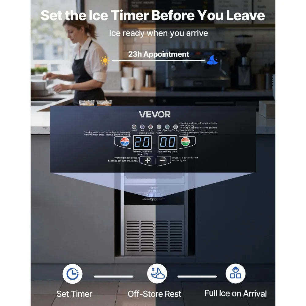 SSX100 Commercial Ice Maker Machine 130 lbs/24H with 30 lbs Storage, Built-In/Freestanding Stainless Steel Ice Machine