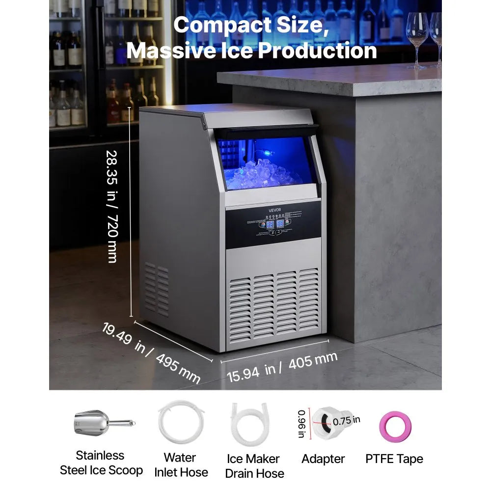 SSX100 Commercial Ice Maker Machine 130 lbs/24H with 30 lbs Storage, Built-In/Freestanding Stainless Steel Ice Machine