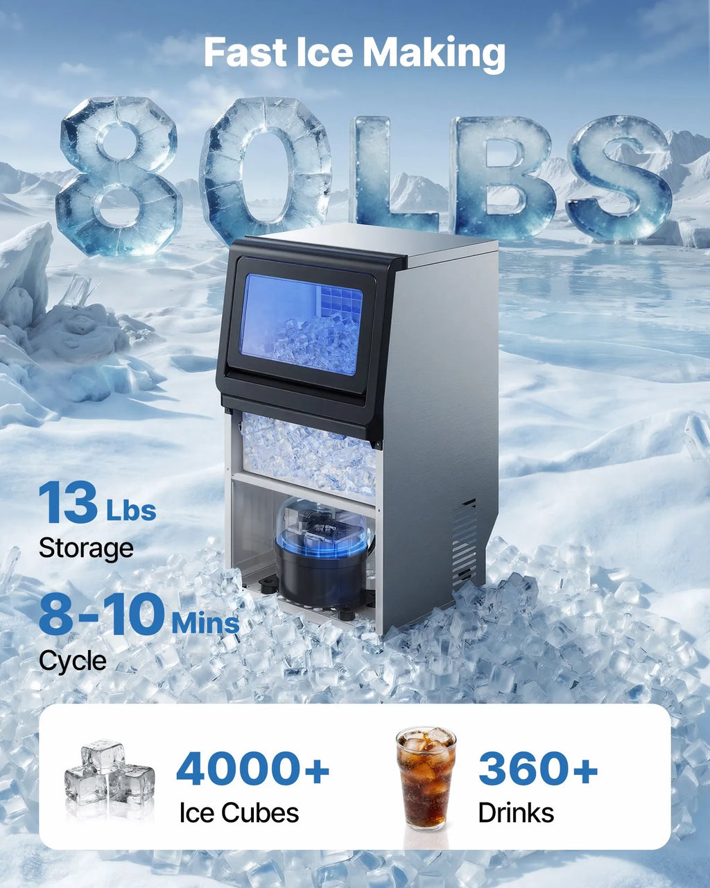 LB70TA Commercial Ice Maker Machine 80 lbs/24H, 13 lbs Storage, Stainless Steel with Self-Cleaning