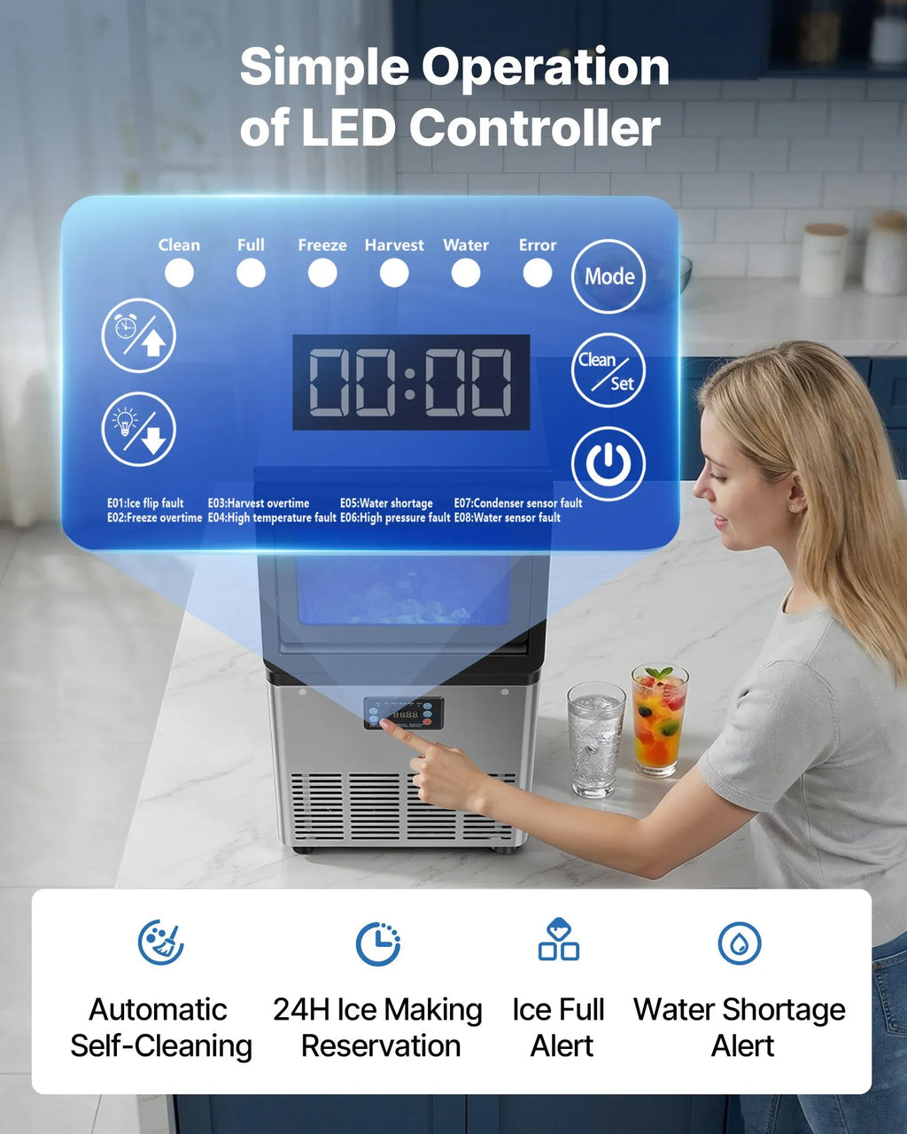LB70TA Commercial Ice Maker Machine 80 lbs/24H, 13 lbs Storage, Stainless Steel with Self-Cleaning