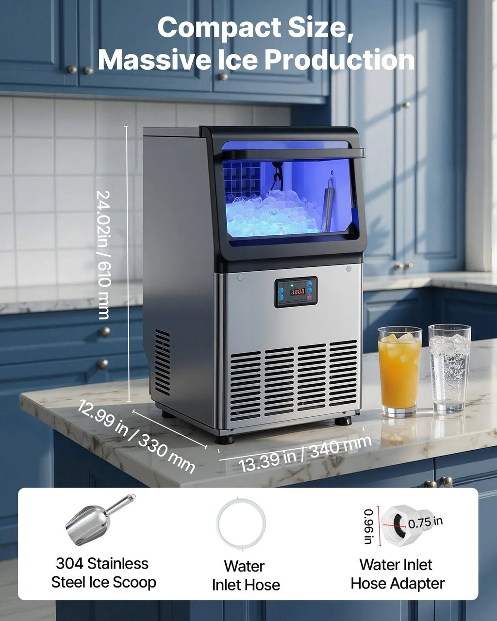 LB70TA Commercial Ice Maker Machine 80 lbs/24H, 13 lbs Storage, Stainless Steel with Self-Cleaning