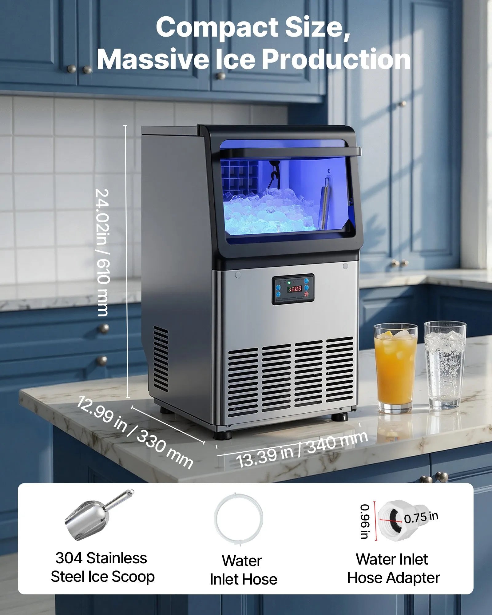LB70TA Commercial Ice Maker Machine 80 lbs/24H, 13 lbs Storage, Stainless Steel with Self-Cleaning