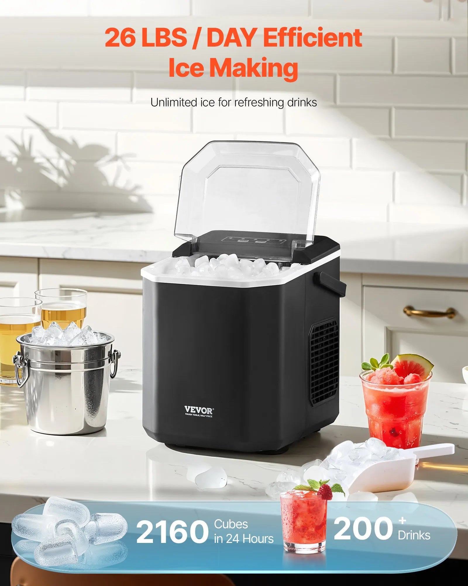 Portable Countertop Ice Maker, 26 lbs/Day, 9 Cubes in 6 Mins, Self-Cleaning, 2 Ice Sizes