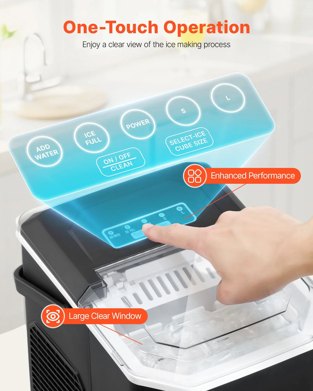 Portable Countertop Ice Maker, 26 lbs/Day, 9 Cubes in 6 Mins, Self-Cleaning, 2 Ice Sizes