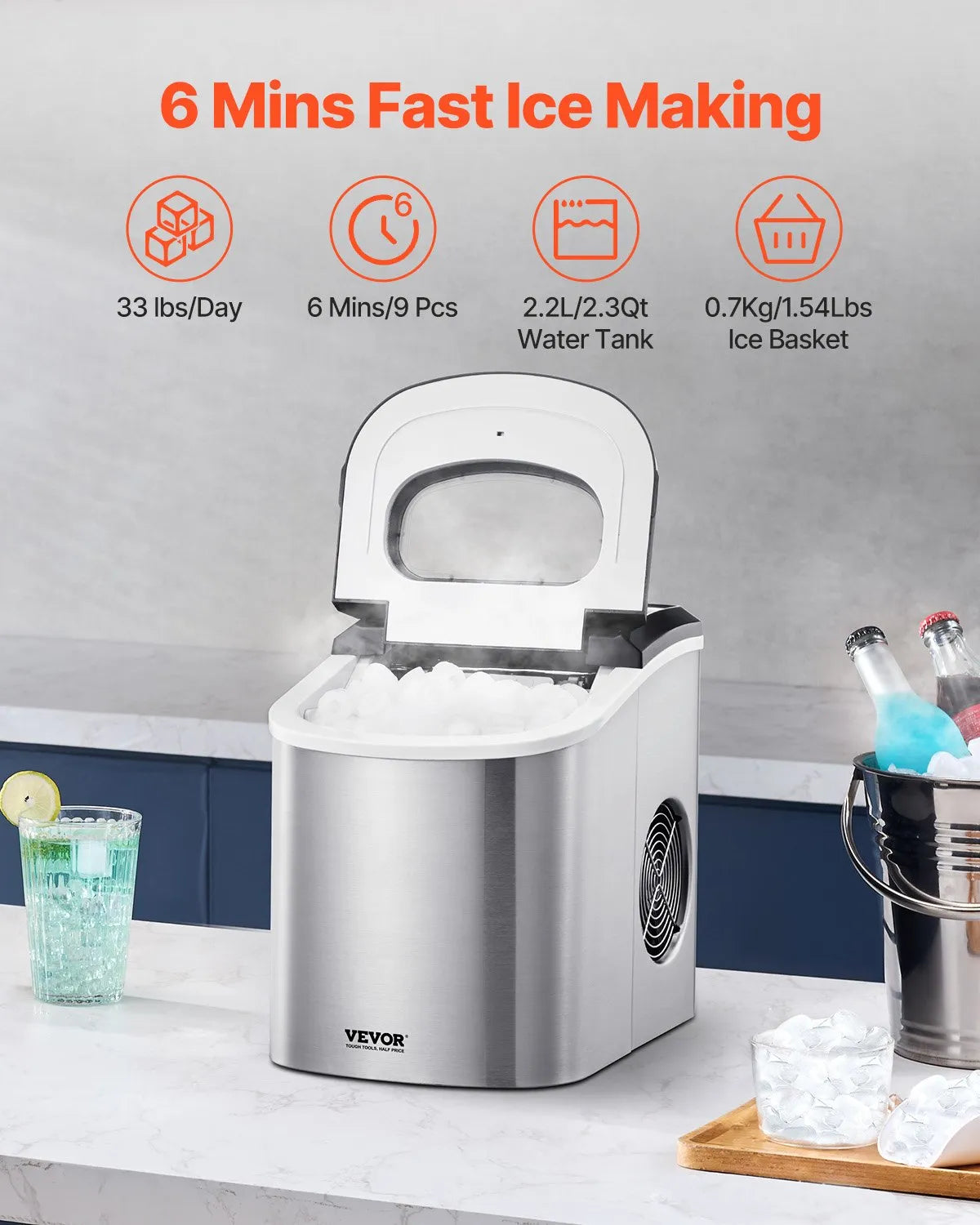 HZB-15SA Portable Countertop Ice Maker, 33Lbs/Day, 9 Cubes in 6 Mins, Self-Cleaning, 2 Ice Sizes