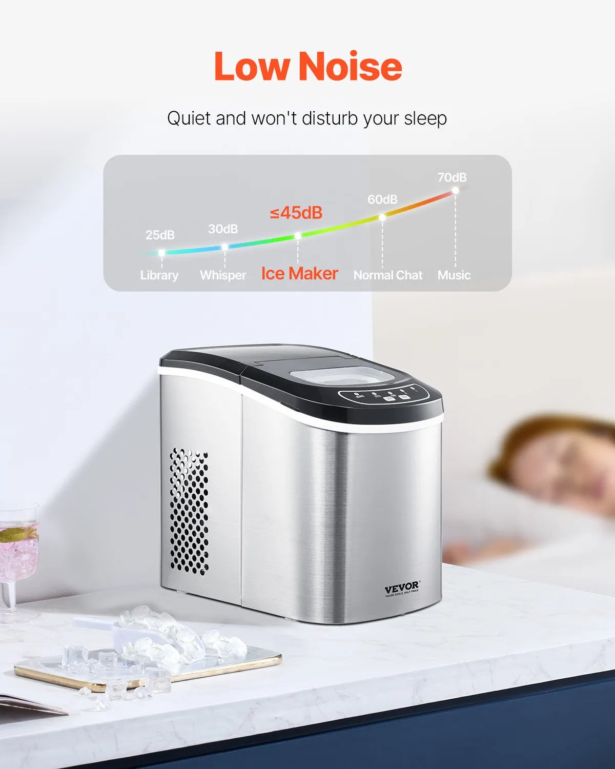 HZB-15SA Portable Countertop Ice Maker, 33Lbs/Day, 9 Cubes in 6 Mins, Self-Cleaning, 2 Ice Sizes
