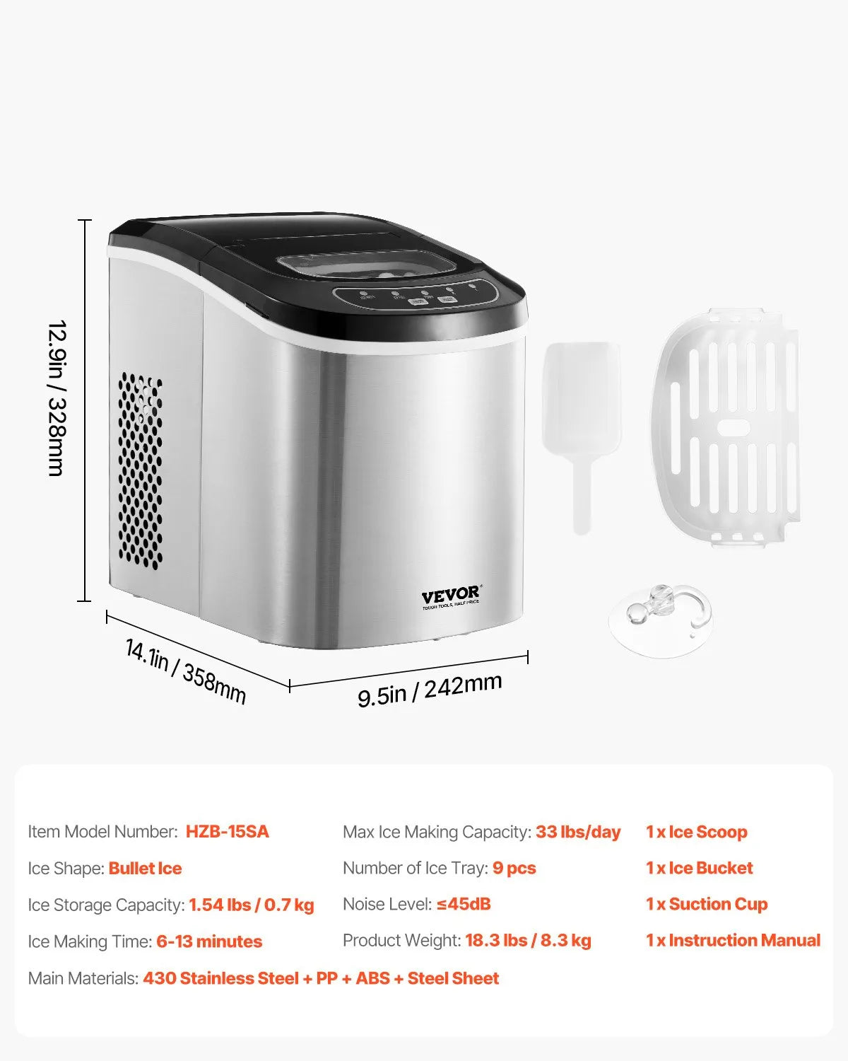 HZB-15SA Portable Countertop Ice Maker, 33Lbs/Day, 9 Cubes in 6 Mins, Self-Cleaning, 2 Ice Sizes