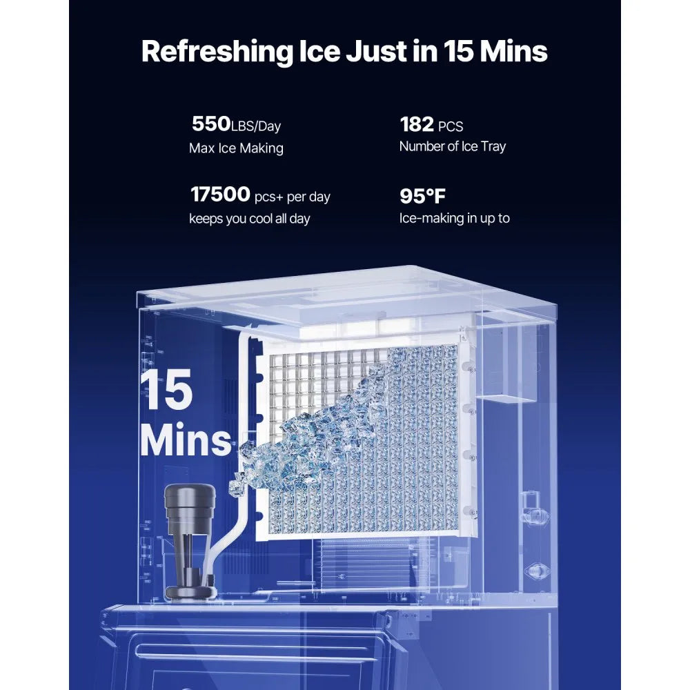 Commercial Ice Maker Machine 550 lbs/24H with 300 lbs Storage Bin – Stainless Steel, Self-Cleaning