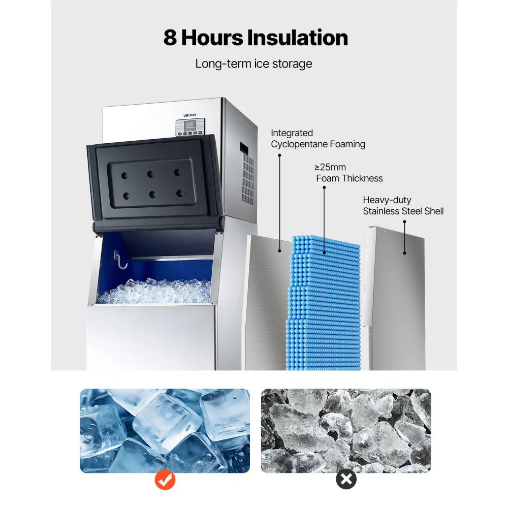 Commercial Ice Maker Machine 550 lbs/24H with 300 lbs Storage Bin – Stainless Steel, Self-Cleaning