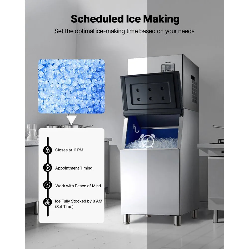 Commercial Ice Maker Machine 550 lbs/24H with 300 lbs Storage Bin – Stainless Steel, Self-Cleaning