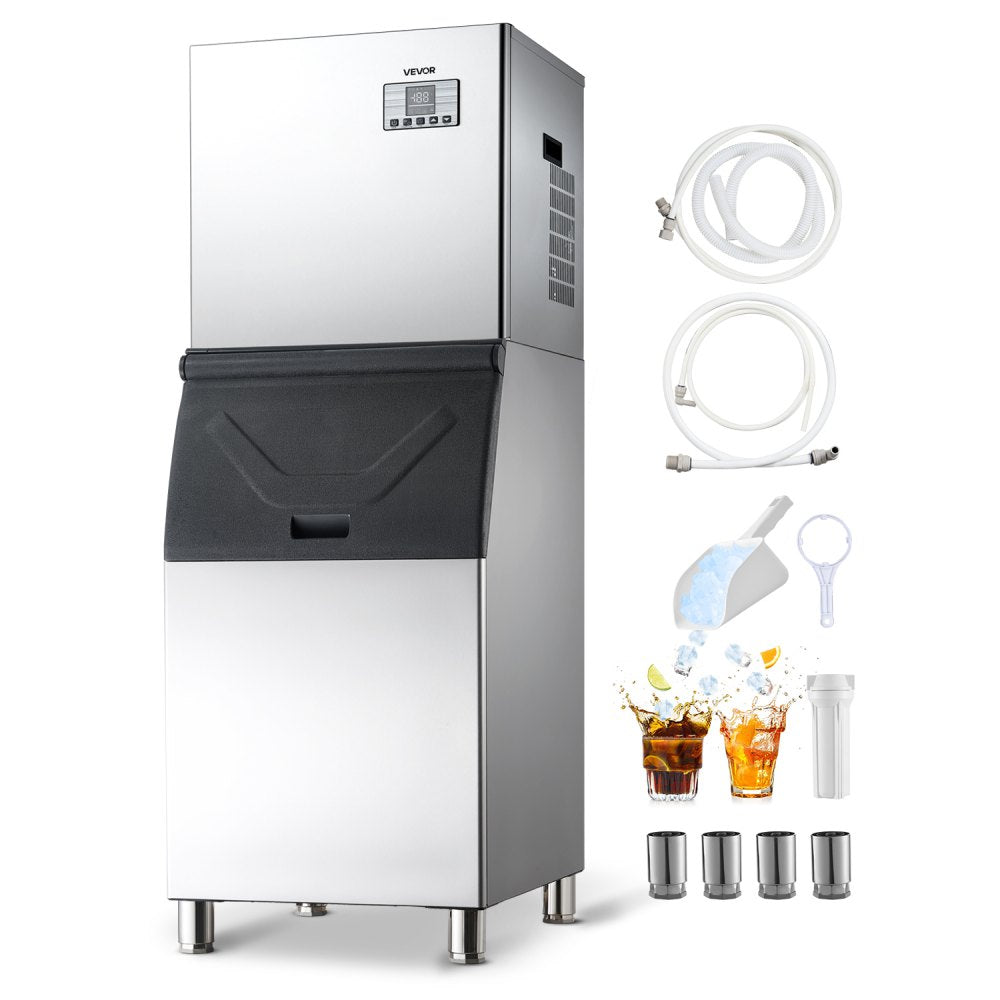Commercial Ice Maker Machine 550 lbs/24H with 300 lbs Storage Bin – Stainless Steel, Self-Cleaning