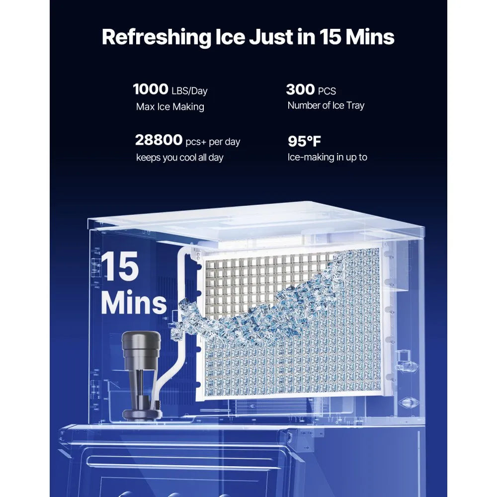 Commercial Ice Maker Machine 1000 lbs/24H with 500 lbs Storage Bin, Stainless Steel, Self-Cleaning Touchscreen