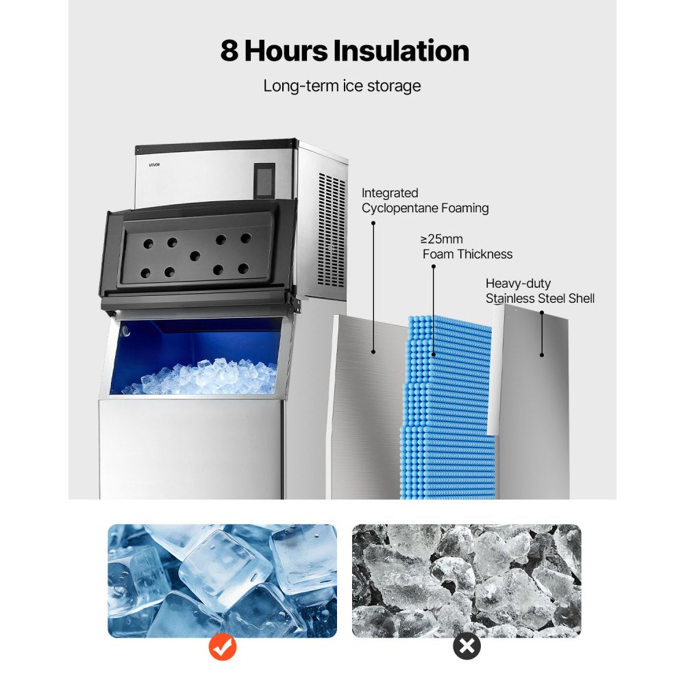 Commercial Ice Maker Machine 1000 lbs/24H with 500 lbs Storage Bin, Stainless Steel, Self-Cleaning Touchscreen