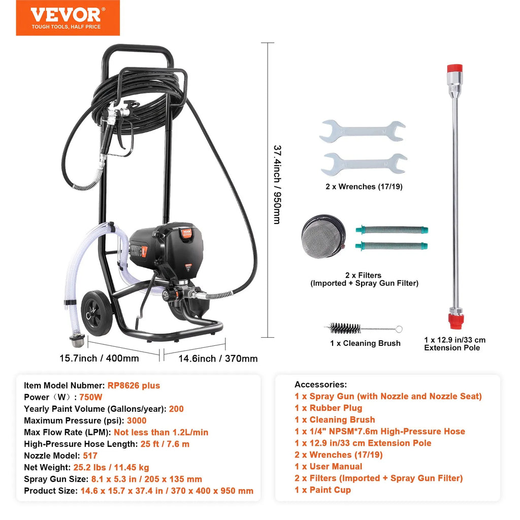 RP8626 Plus 750W Airless Paint Sprayer with Cart, 3000 PSI Electric Paint Sprayer for Interior & Exterior Painting