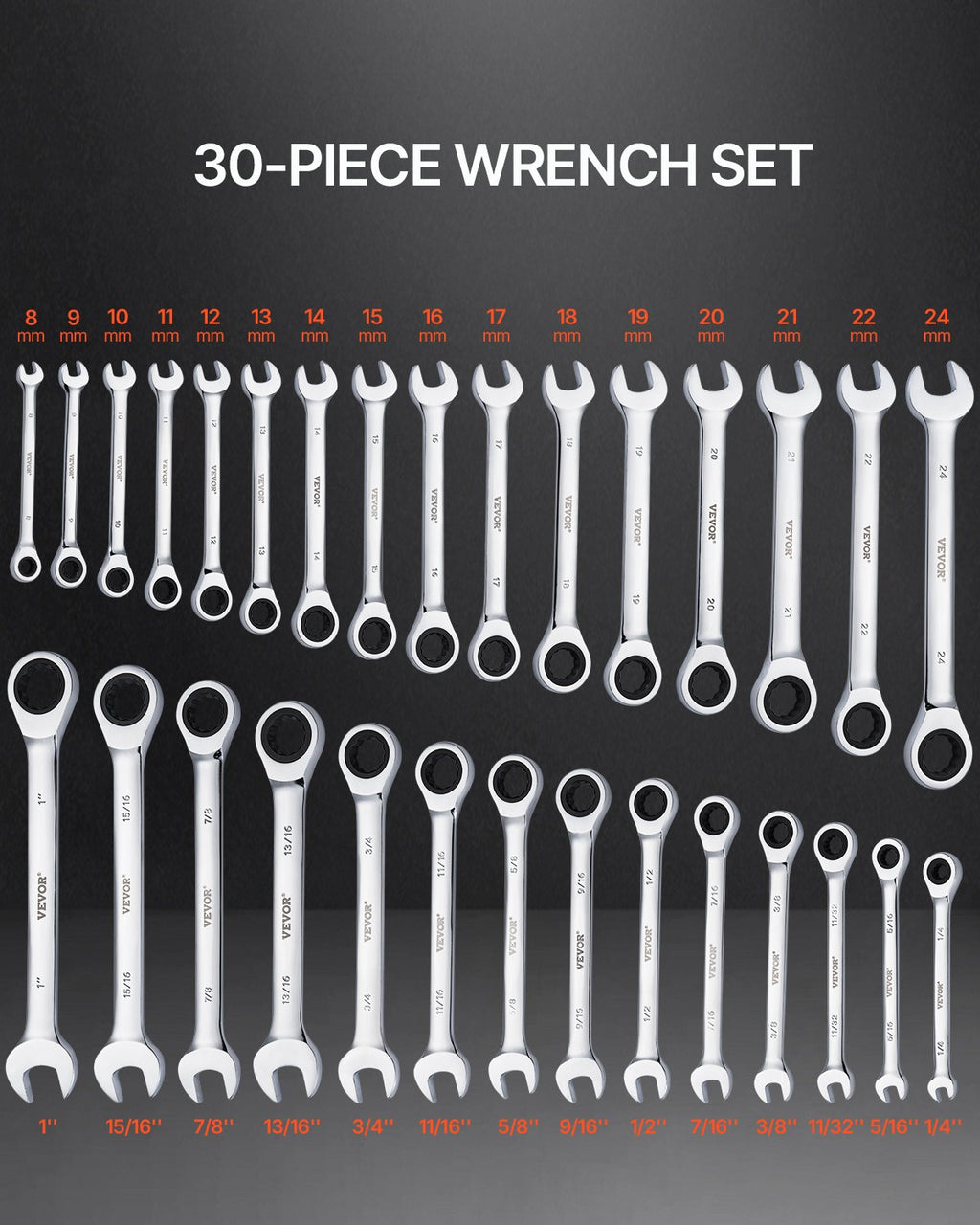 30-Piece SAE & Metric Ratcheting Wrench Set with Rack