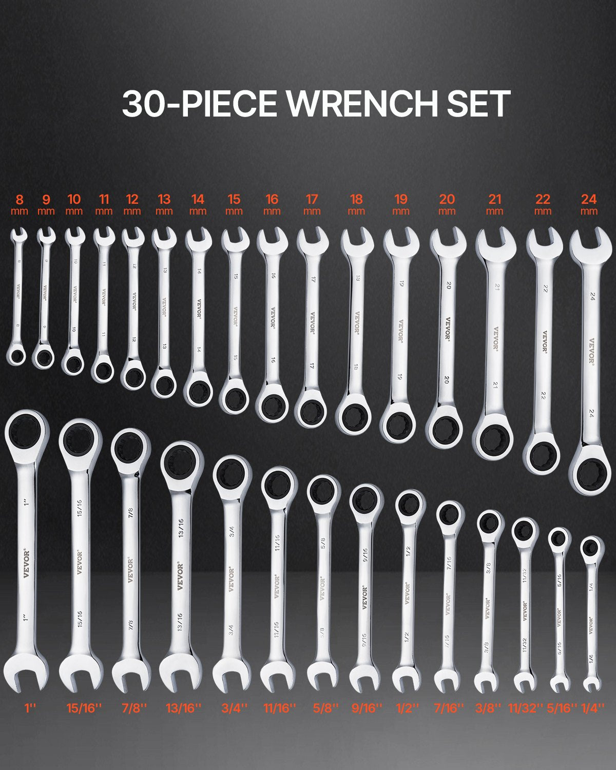 30-Piece SAE & Metric Ratcheting Wrench Set with Rack