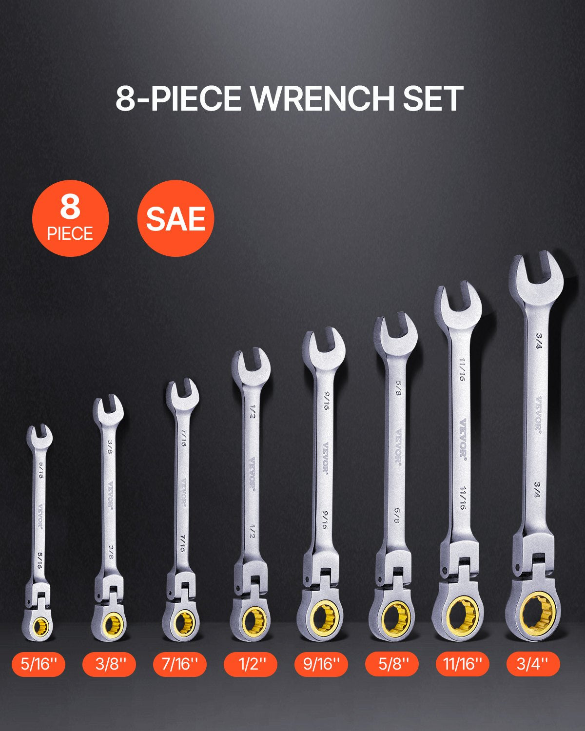 8-Piece Flex-Head Ratcheting Wrench Set SAE 5/16"–3/4" with Pouch
