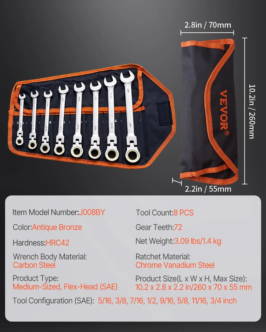 8-Piece Flex-Head Ratcheting Wrench Set SAE 5/16"–3/4" with Pouch