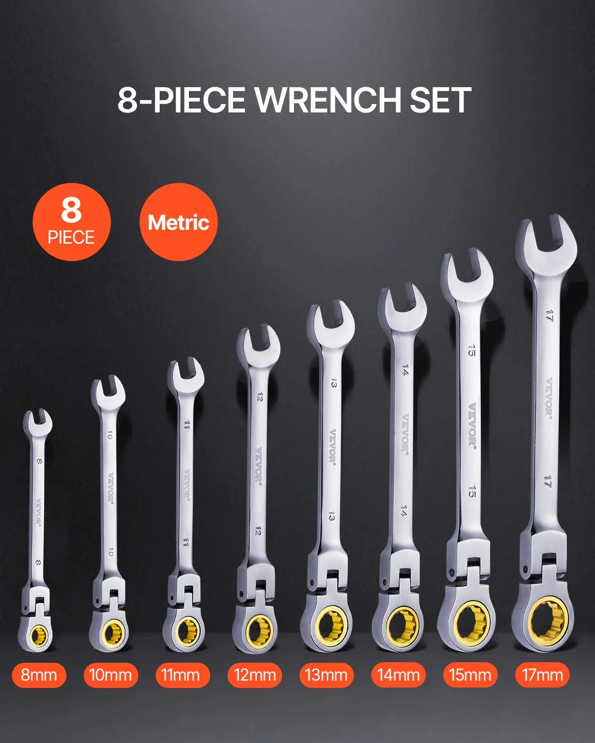 J008BG 8-Piece Flex-Head Ratcheting Wrench Set (8-17 mm) with Pouch