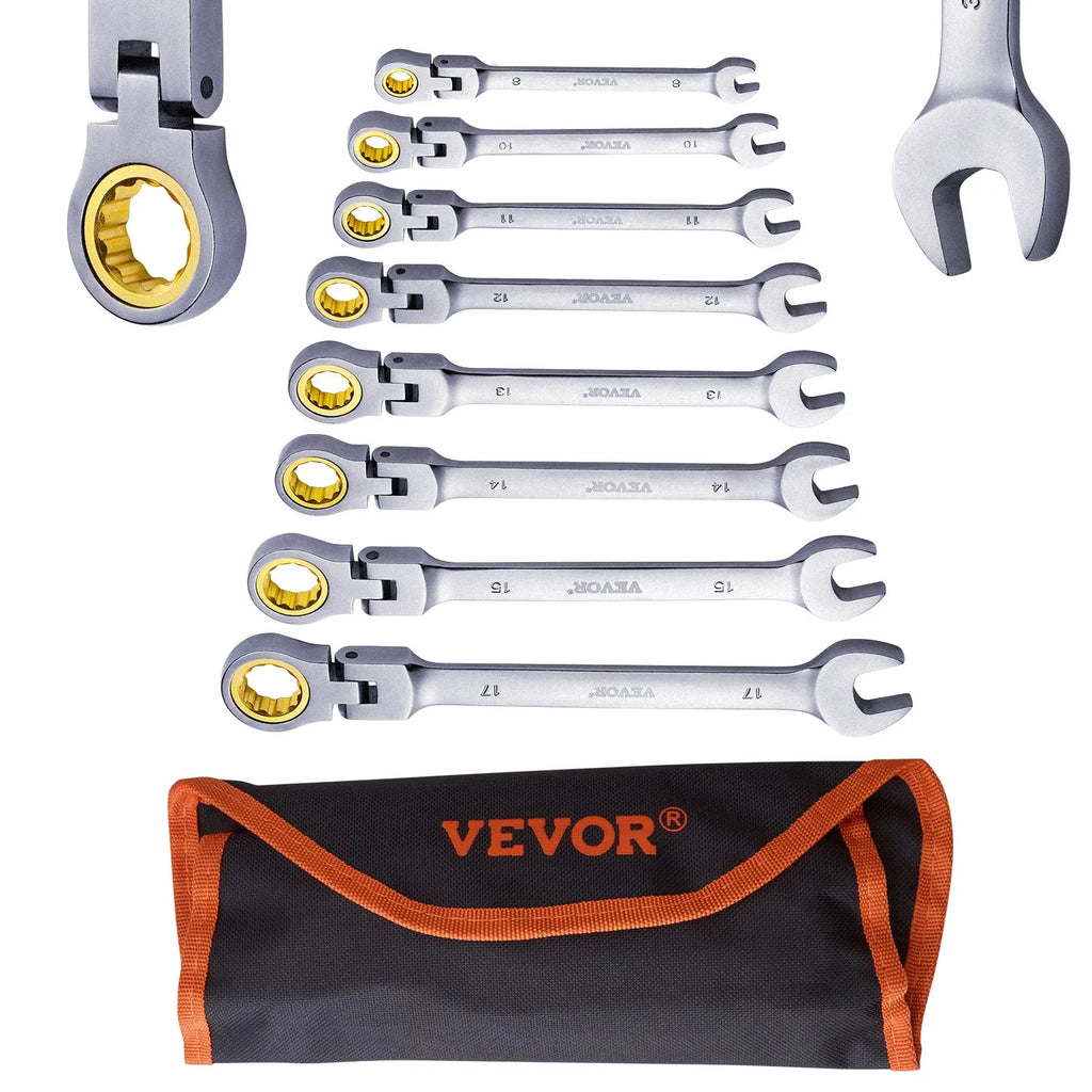 J008BG 8-Piece Flex-Head Ratcheting Wrench Set (8-17 mm) with Pouch