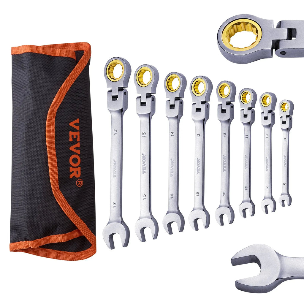 J008BG 8-Piece Flex-Head Ratcheting Wrench Set (8-17 mm) with Pouch