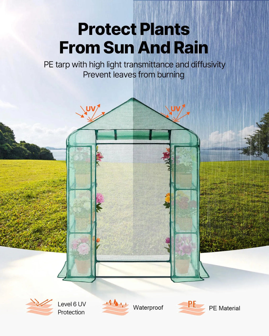 zw_0113 Walk-in Greenhouse 55.5" x 28.3" x 78.7" with PE Cover, 2 Tiers & 4 Shelves, Portable Outdoor Plant Greenhouse