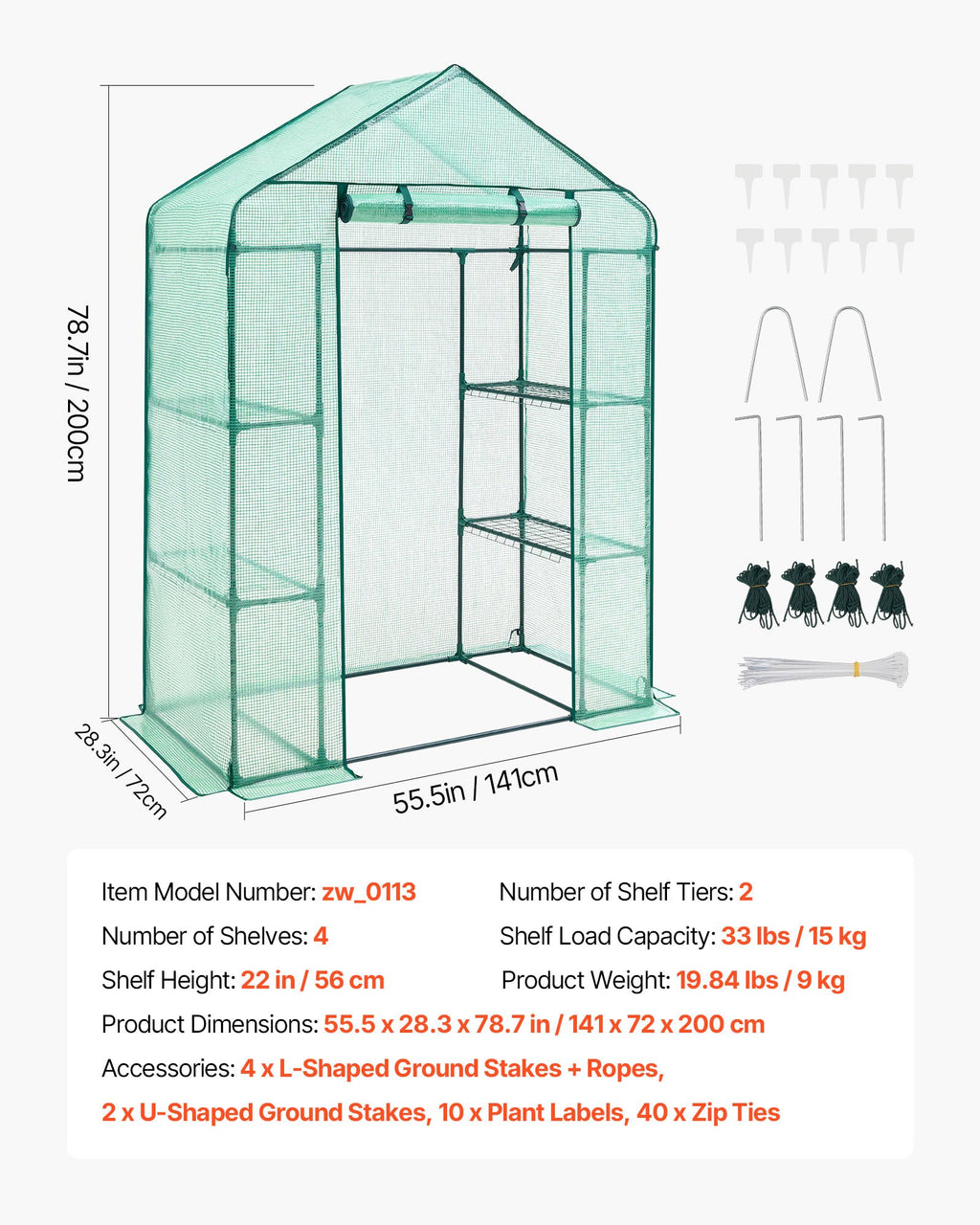 zw_0113 Walk-in Greenhouse 55.5" x 28.3" x 78.7" with PE Cover, 2 Tiers & 4 Shelves, Portable Outdoor Plant Greenhouse