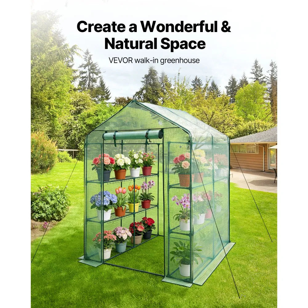 zw_0115 Walk-in Greenhouse 55.5" x 56.1" x 78.7" with PE Cover, 2-Tier 8-Shelf Portable Outdoor Greenhouse, Roll-Up Zipper Door for Backyard, Patio & Garden