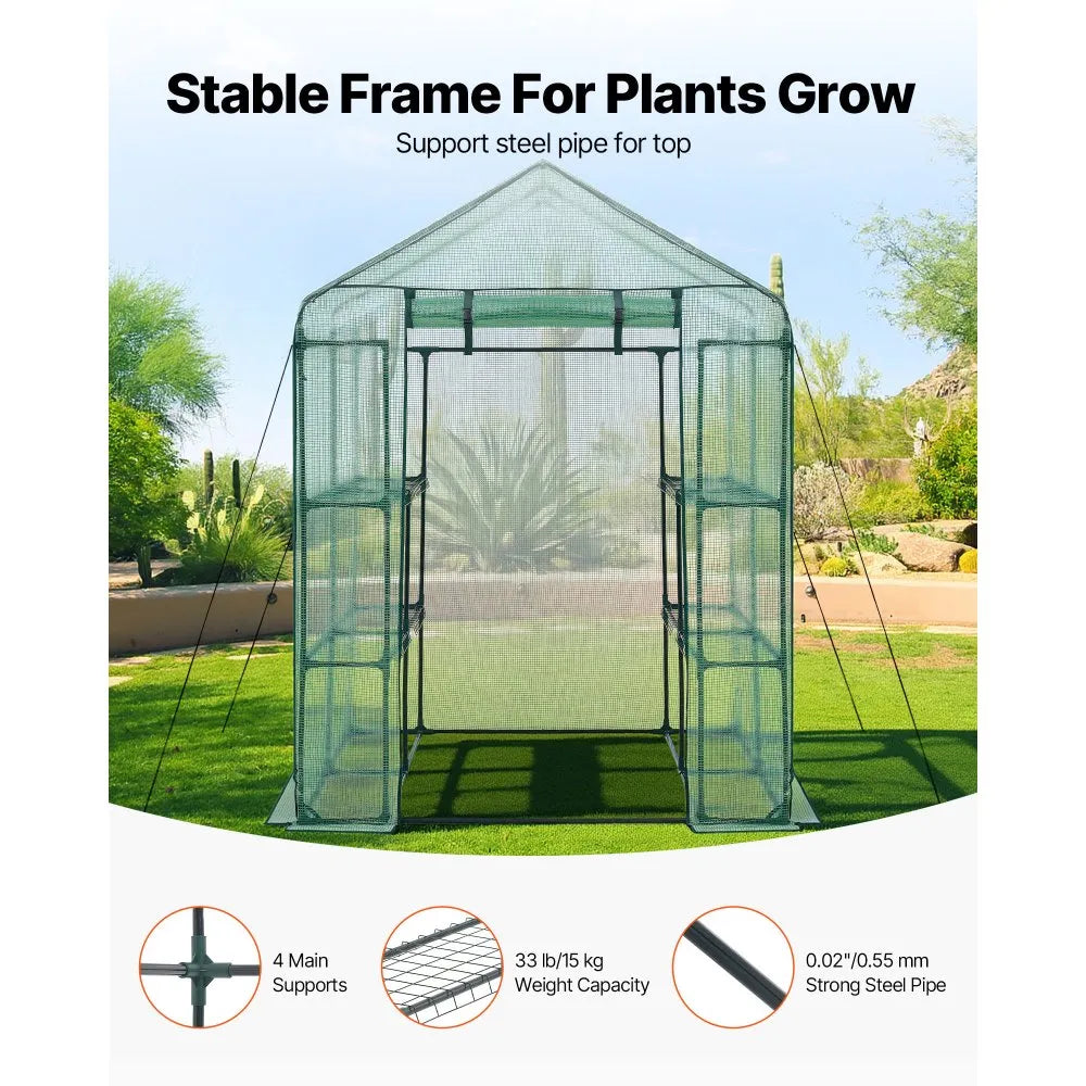 zw_0115 Walk-in Greenhouse 55.5" x 56.1" x 78.7" with PE Cover, 2-Tier 8-Shelf Portable Outdoor Greenhouse, Roll-Up Zipper Door for Backyard, Patio & Garden