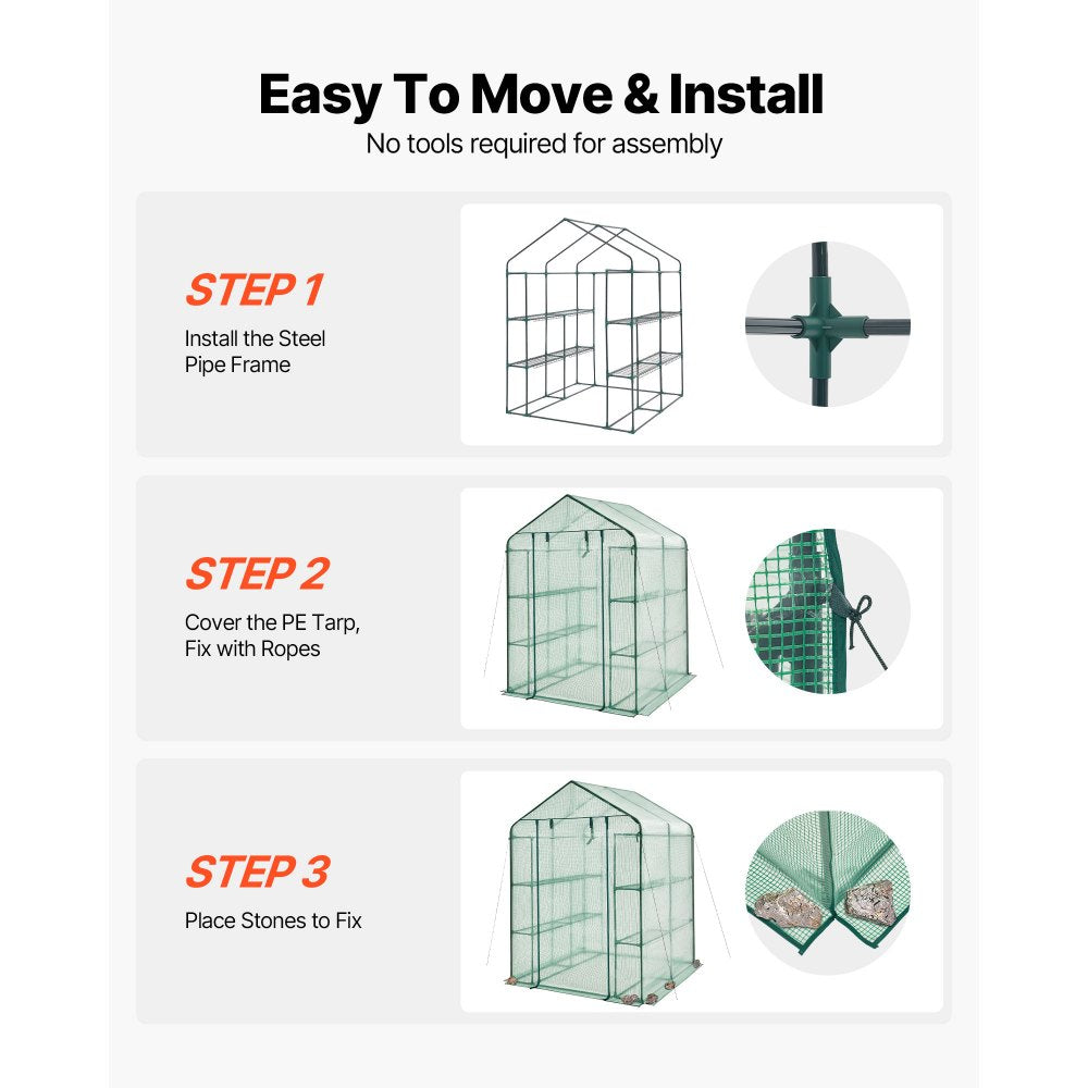 zw_0115 Walk-in Greenhouse 55.5" x 56.1" x 78.7" with PE Cover, 2-Tier 8-Shelf Portable Outdoor Greenhouse, Roll-Up Zipper Door for Backyard, Patio & Garden