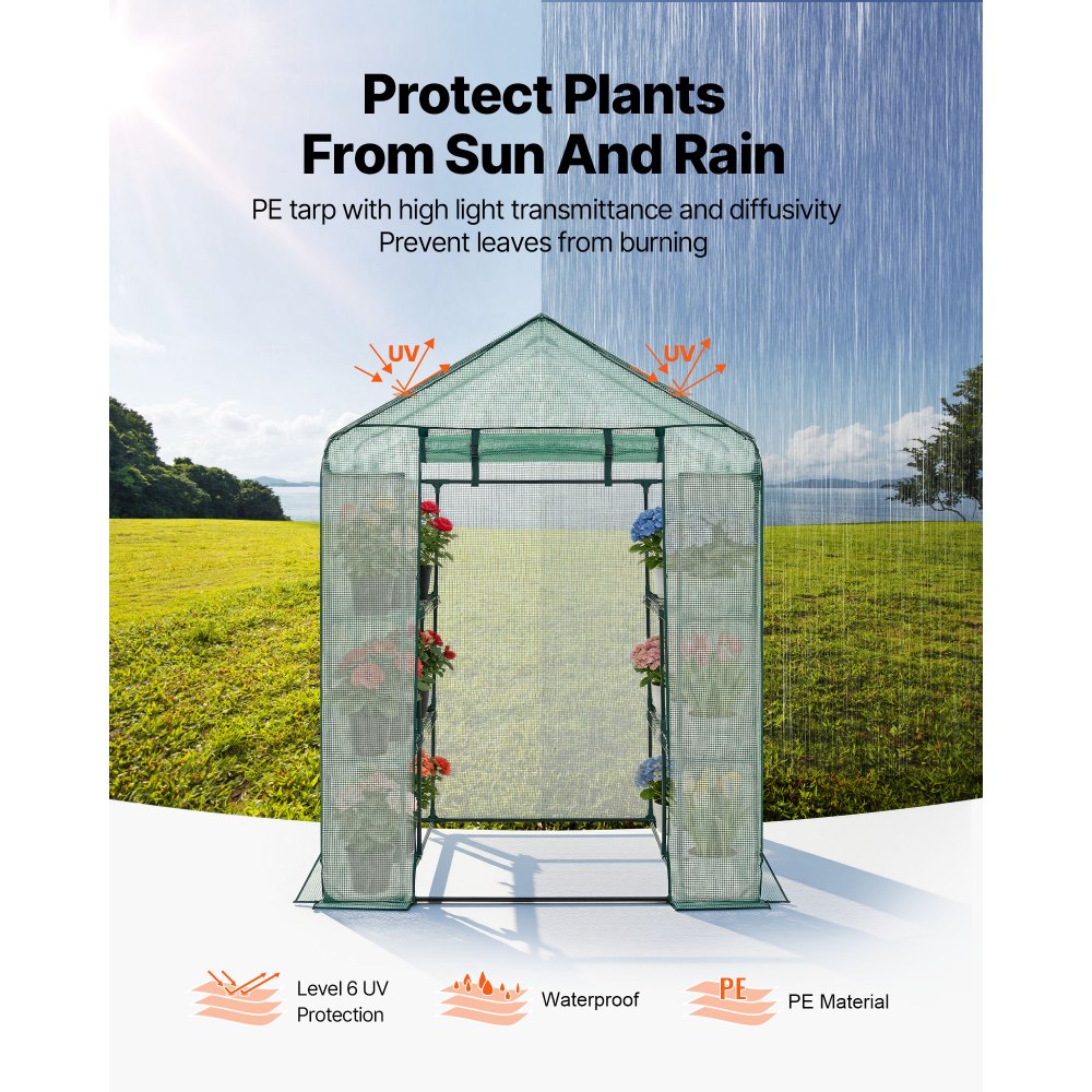 zw_0115 Walk-in Greenhouse 55.5" x 56.1" x 78.7" with PE Cover, 2-Tier 8-Shelf Portable Outdoor Greenhouse, Roll-Up Zipper Door for Backyard, Patio & Garden