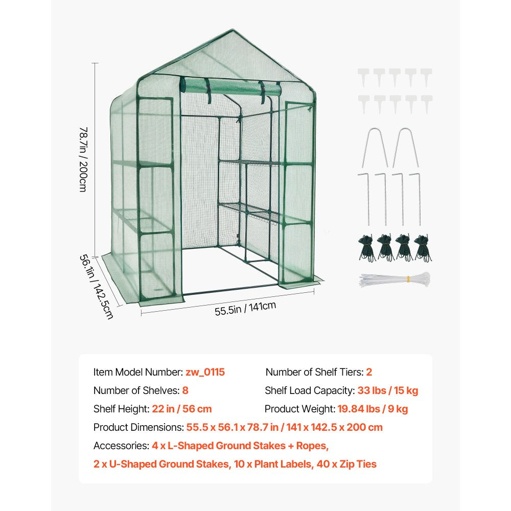 zw_0115 Walk-in Greenhouse 55.5" x 56.1" x 78.7" with PE Cover, 2-Tier 8-Shelf Portable Outdoor Greenhouse, Roll-Up Zipper Door for Backyard, Patio & Garden