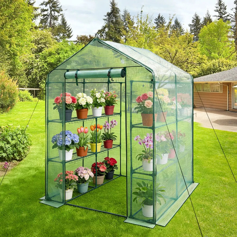 zw_0115 Walk-in Greenhouse 55.5" x 56.1" x 78.7" with PE Cover, 2-Tier 8-Shelf Portable Outdoor Greenhouse, Roll-Up Zipper Door for Backyard, Patio & Garden