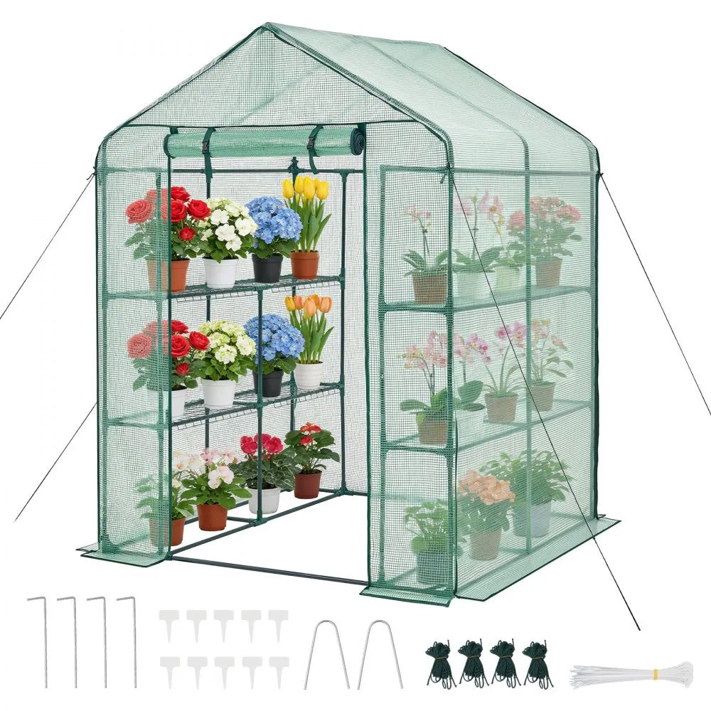 zw_0115 Walk-in Greenhouse 55.5" x 56.1" x 78.7" with PE Cover, 2-Tier 8-Shelf Portable Outdoor Greenhouse, Roll-Up Zipper Door for Backyard, Patio & Garden